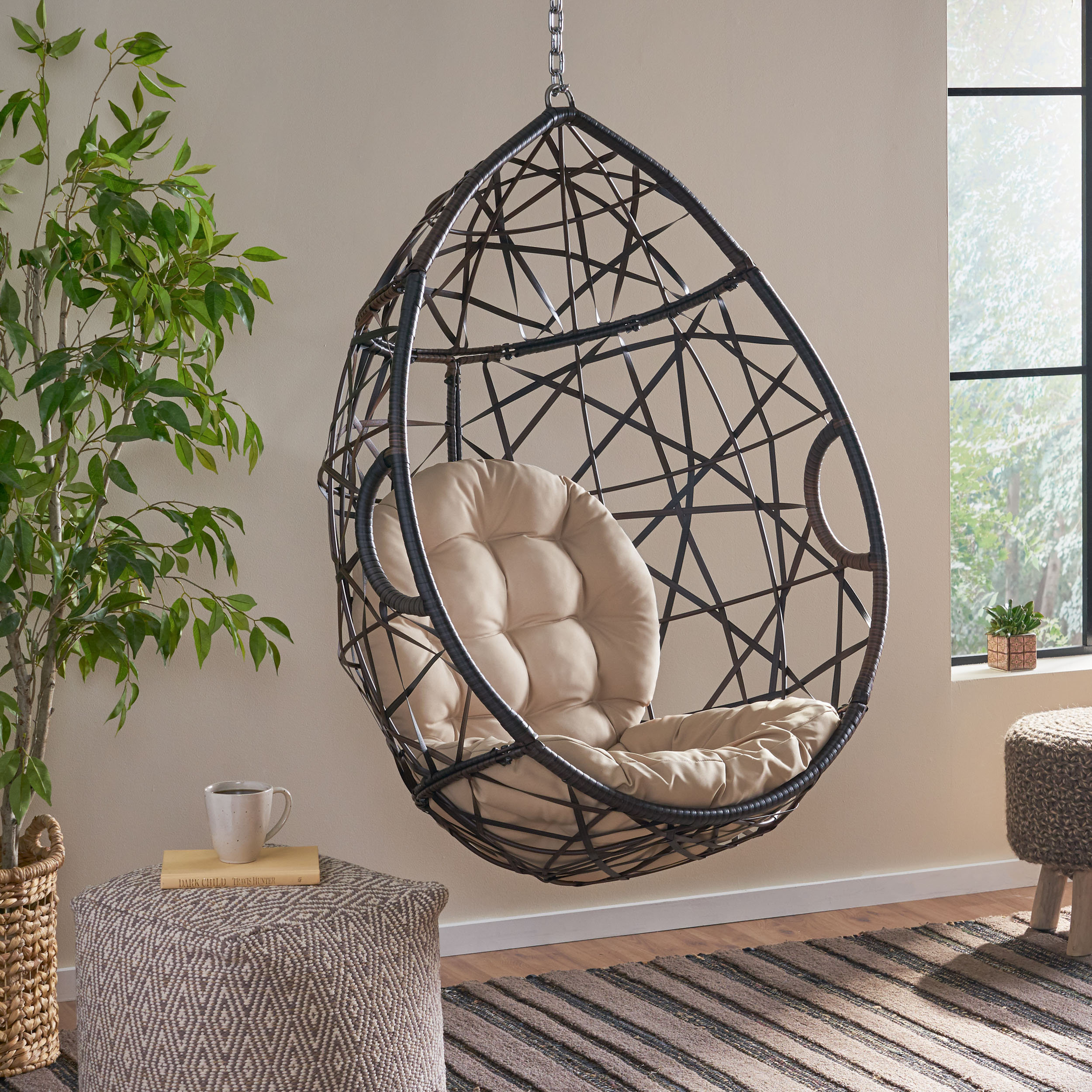 Robert Indoor Outdoor Wicker Tear Drop Hanging Chair Stand Not Included World Menagerie Cushion Color Tan Frame Color Brown